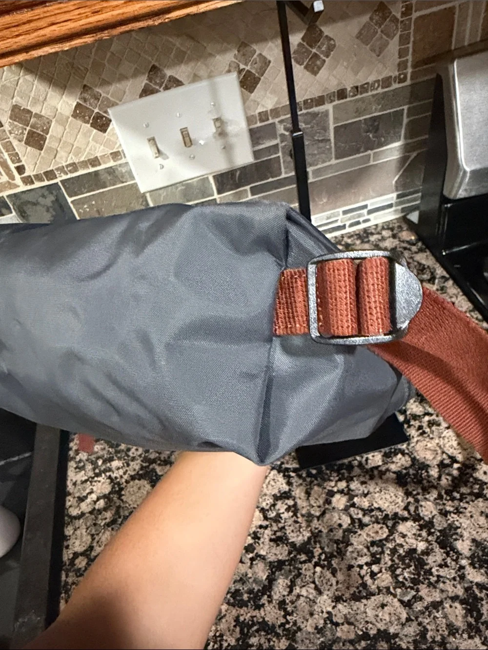 Long champ grey book bag with Brown Leather Trim